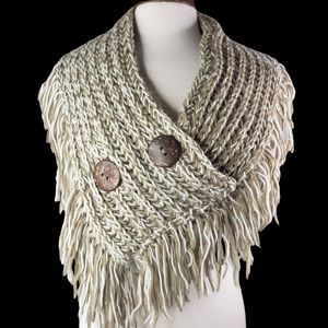 Fringe Infinity Scarf Knit Loop V NECK Winter Circle Cable Wood Buttons Soft